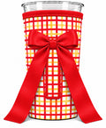 Red and gold plaid mega sleeve with attached red bow