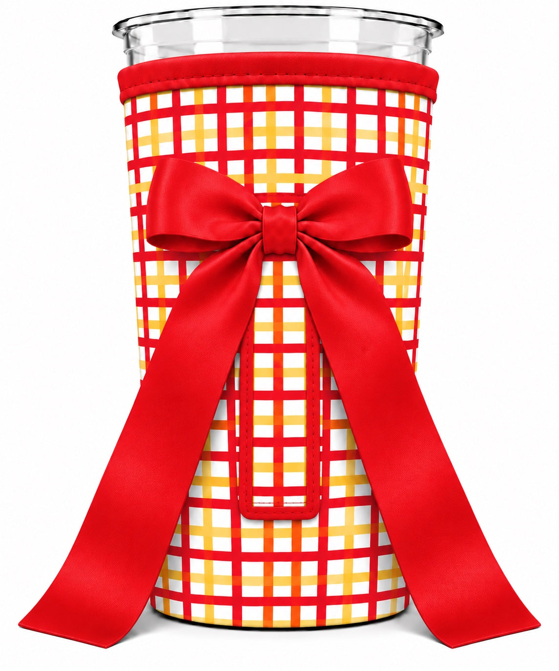 Red and gold plaid mega sleeve with attached red bow