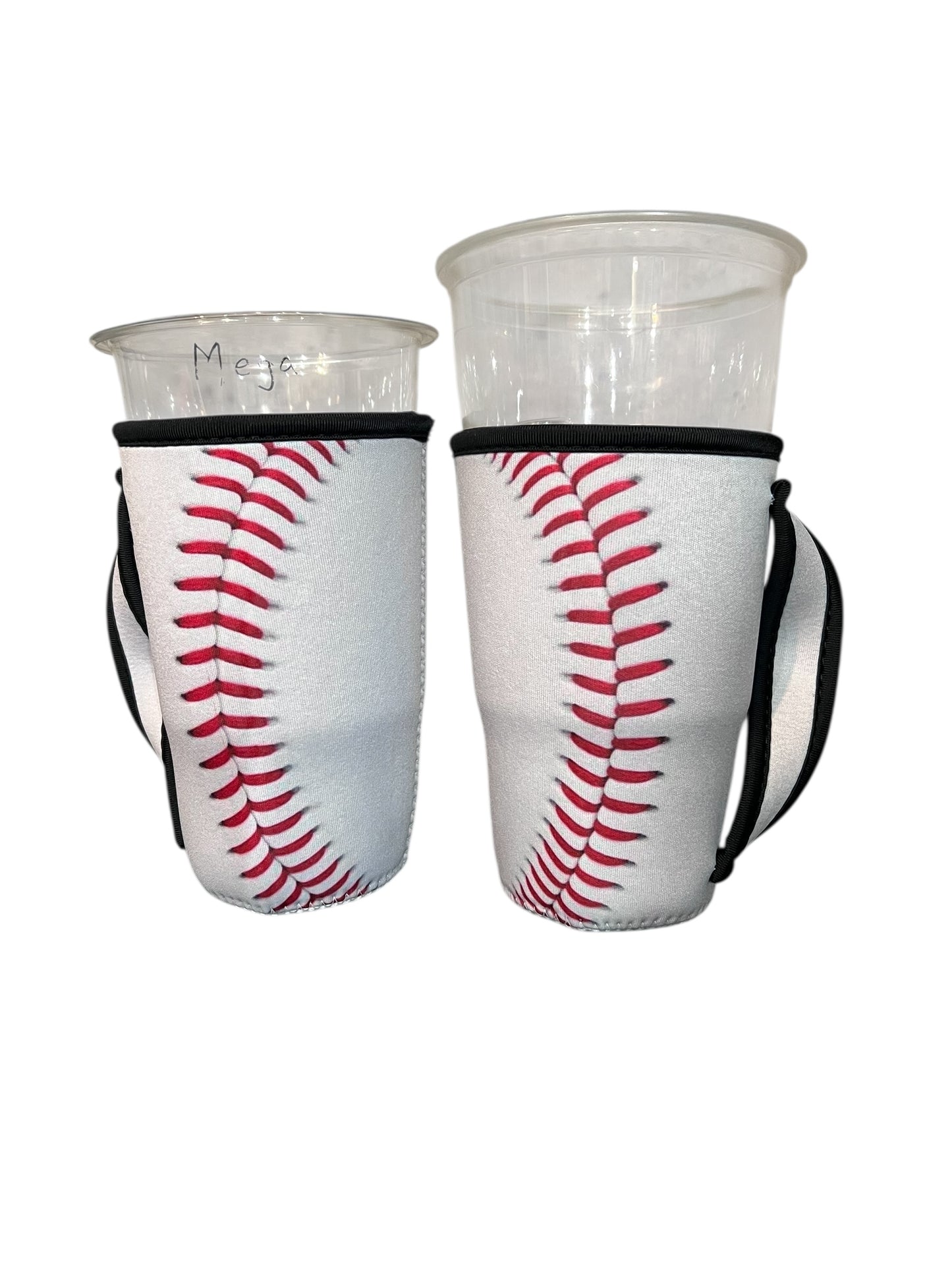 Two plastic cups with baseball design holders on a white background