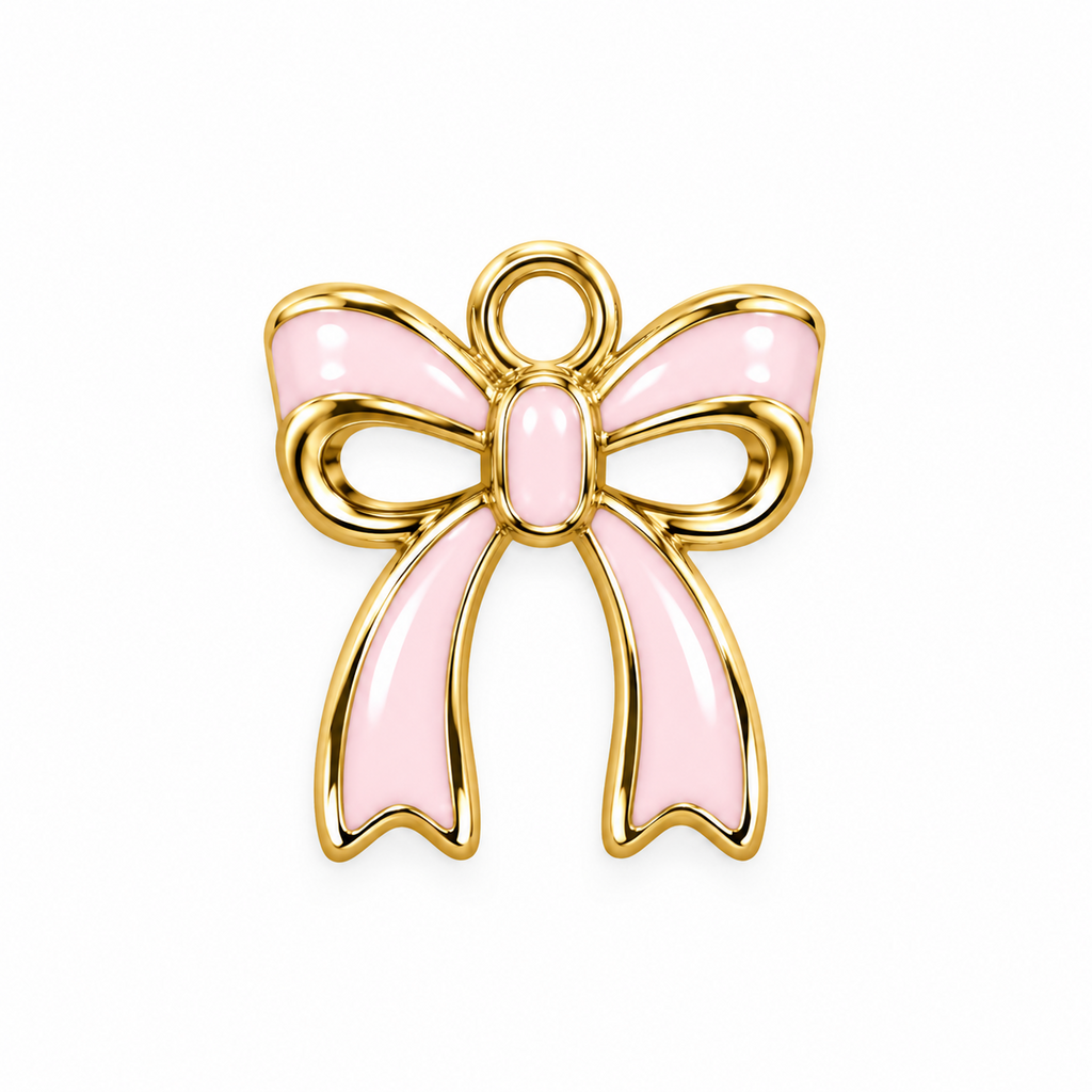 Pink and gold-tone enamel bow charm