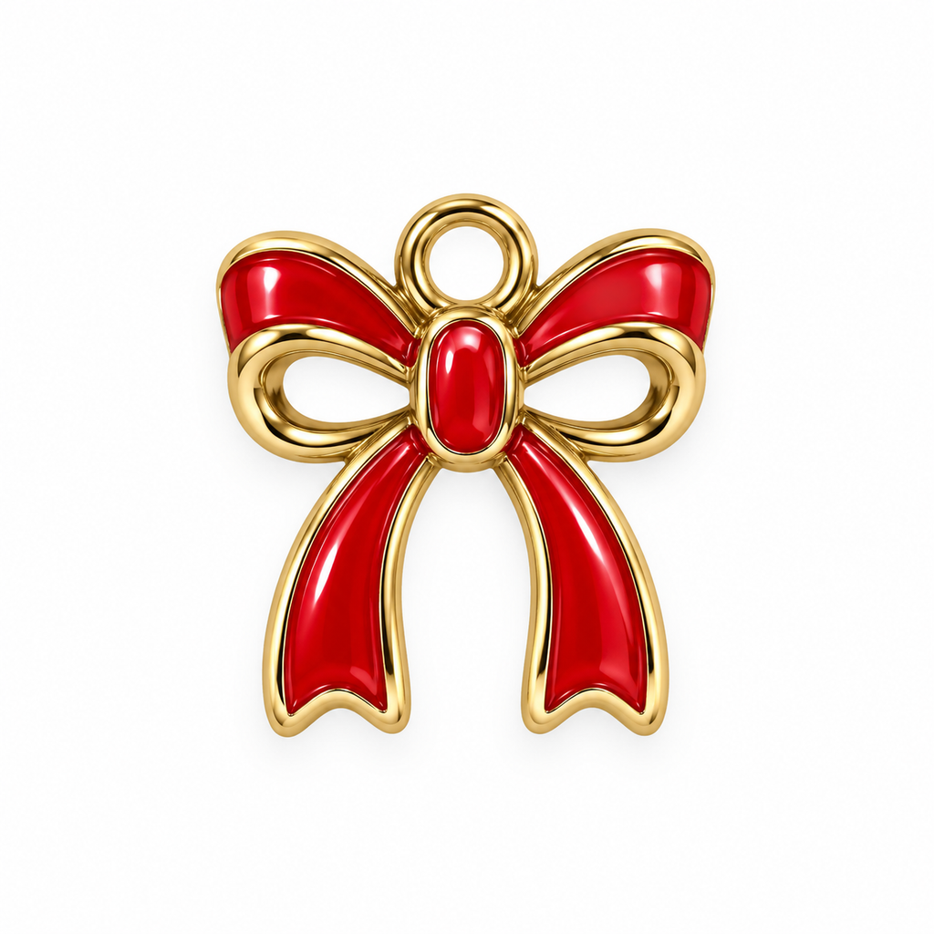 Red and gold-tone enamel bow charm