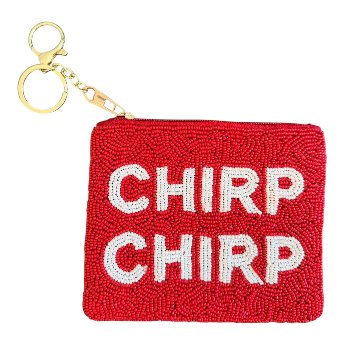 Red and white Chirp Chirp beaded coin purse with gold-tone key ring hardware