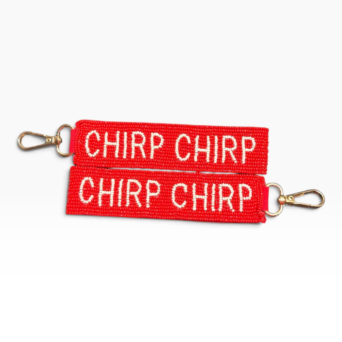 Red and white Chirp Chirp beaded wristlet
