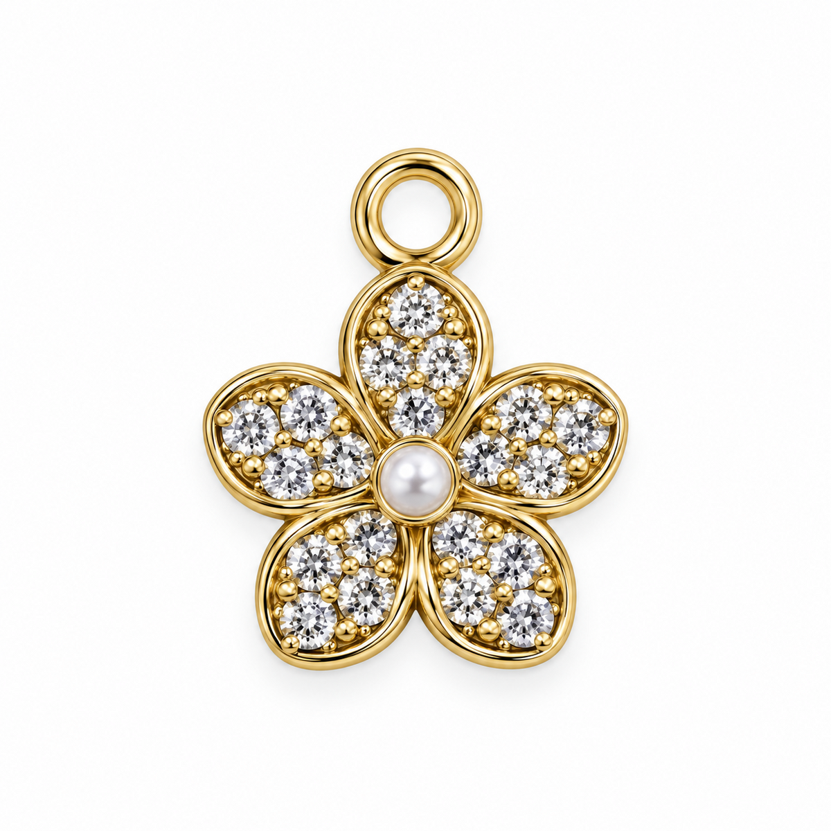 Crystal flower charm with pearl-like center and polished gold-tone finish