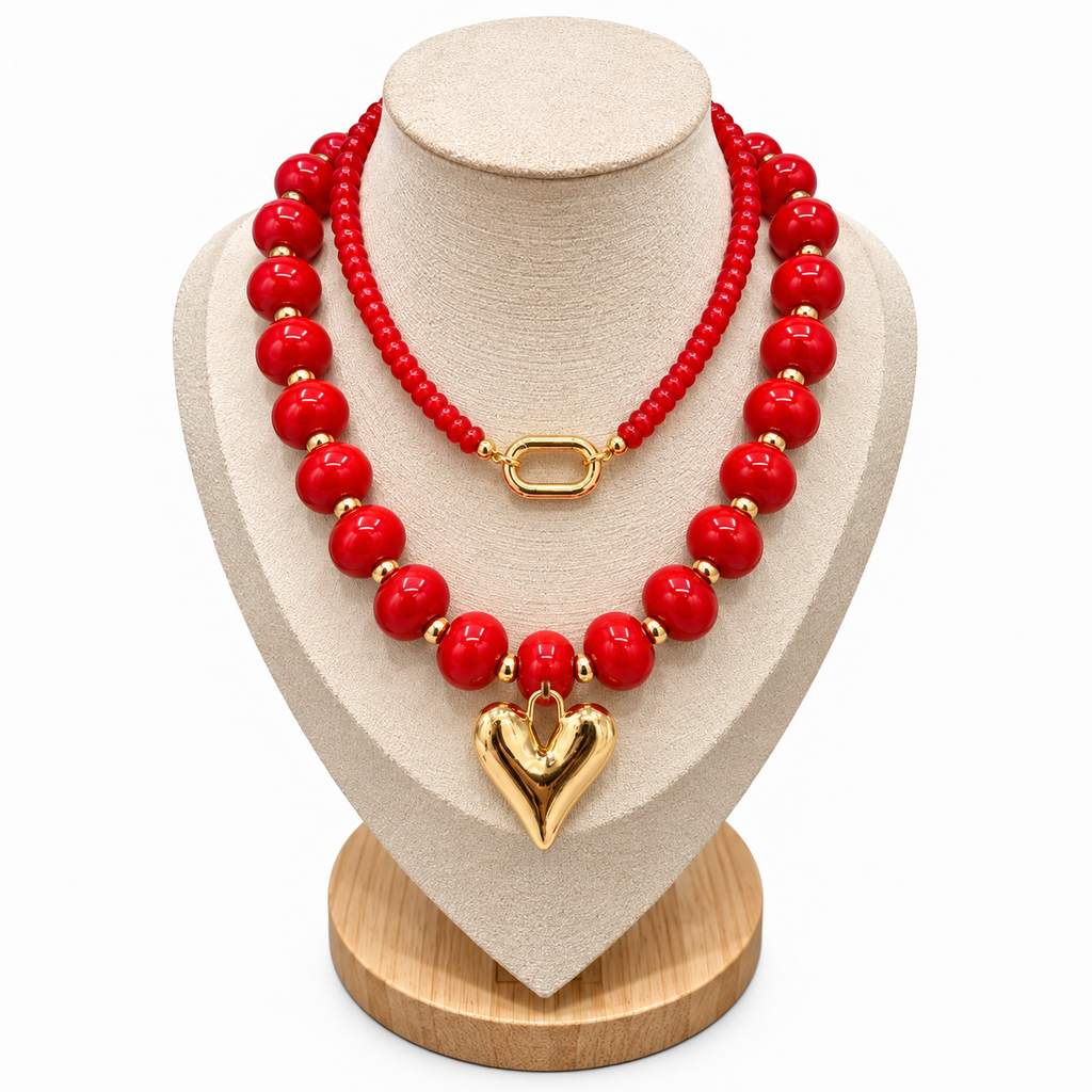 Double Heart Red Beaded Necklace layered with coordinating red necklace
