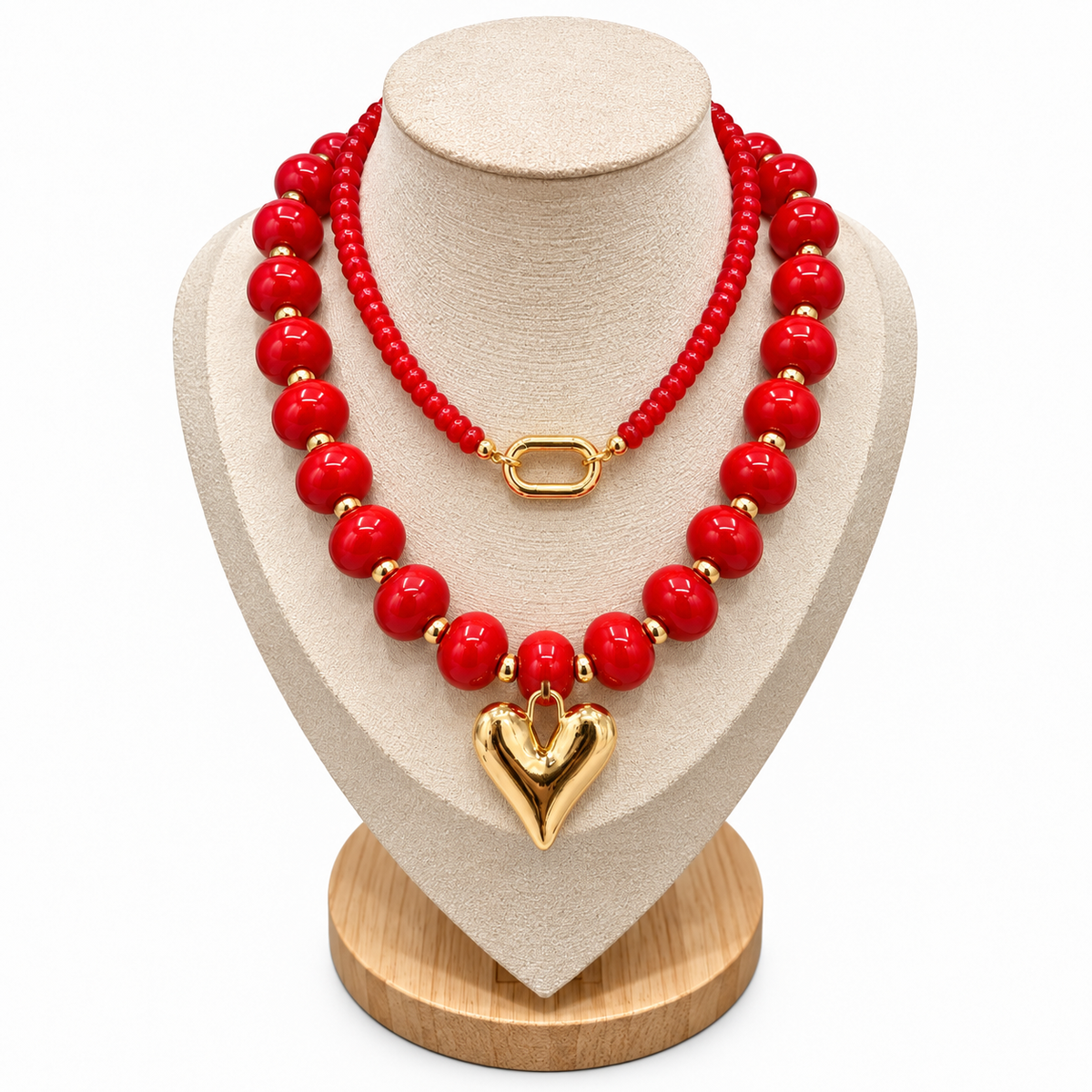 Double Heart Red Beaded Necklace layered with coordinating red necklace