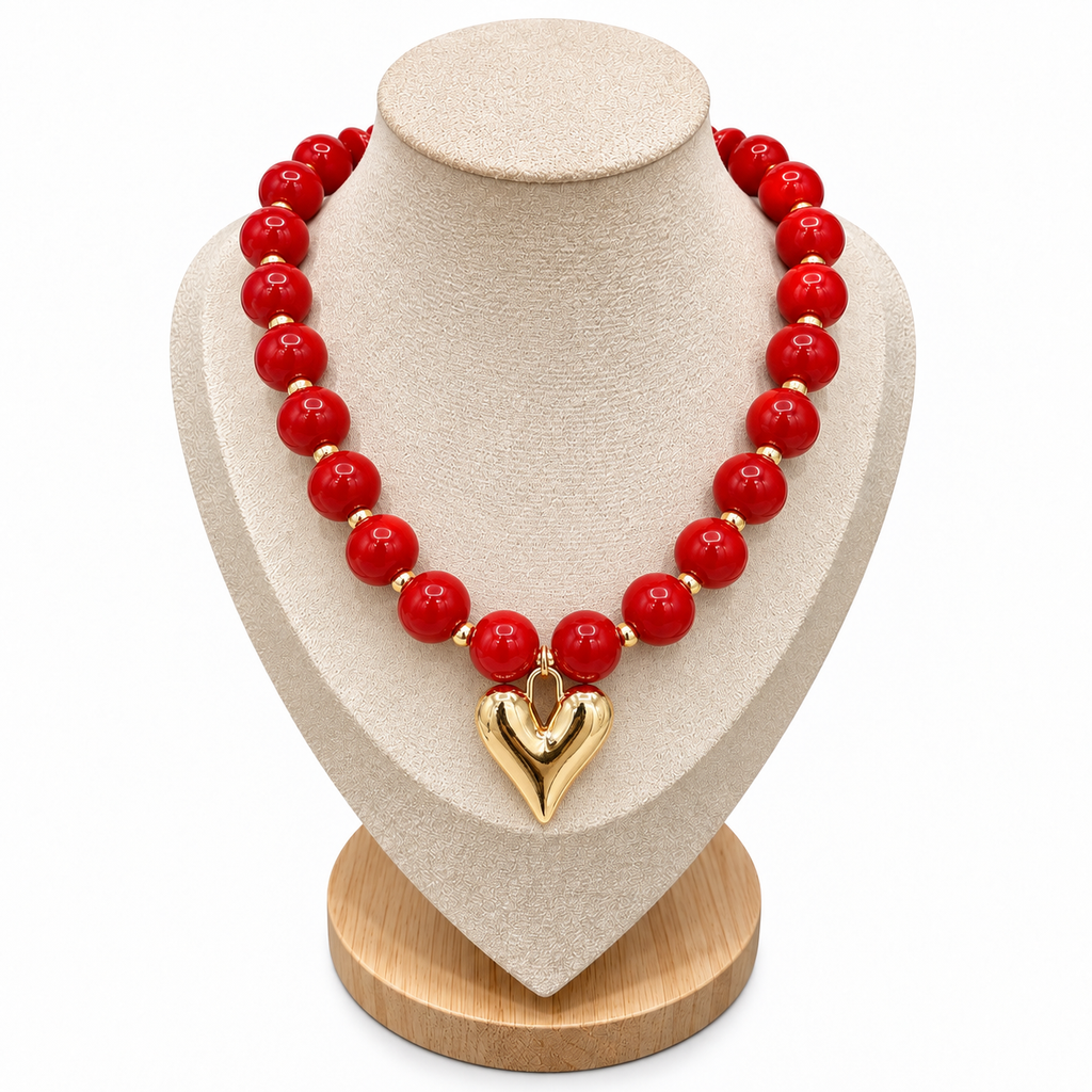 Double Heart Red Beaded Necklace on cream jewelry display