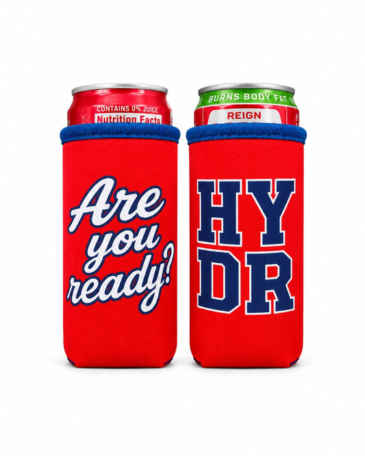 HYDR koozie front and back design showing Are You Ready? and HYDR