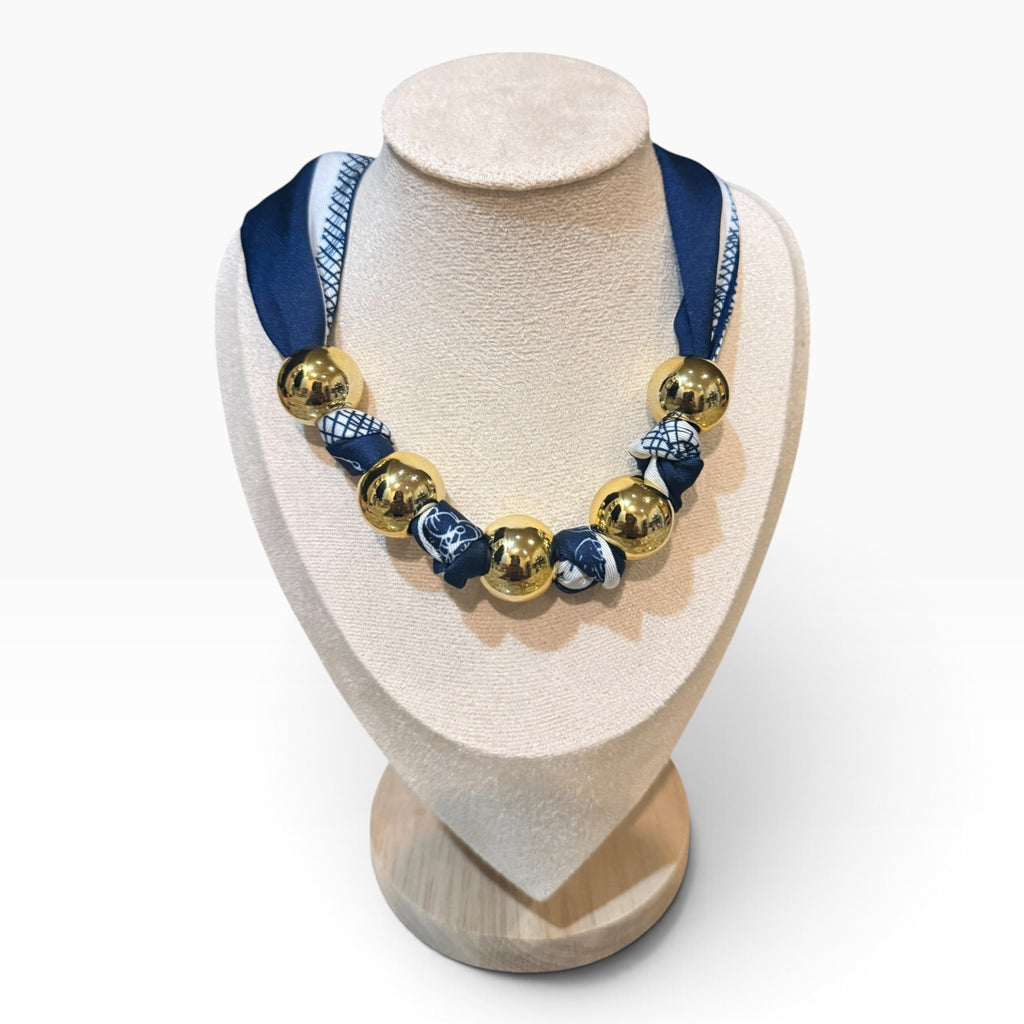 Navy Knotted scarf necklace with gold beads