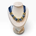 Navy Knotted scarf necklace with gold beads