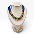 Navy Knotted scarf necklace with gold beads