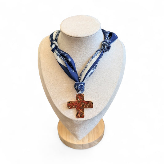 Navy scarf cross necklace with gold cross pendant