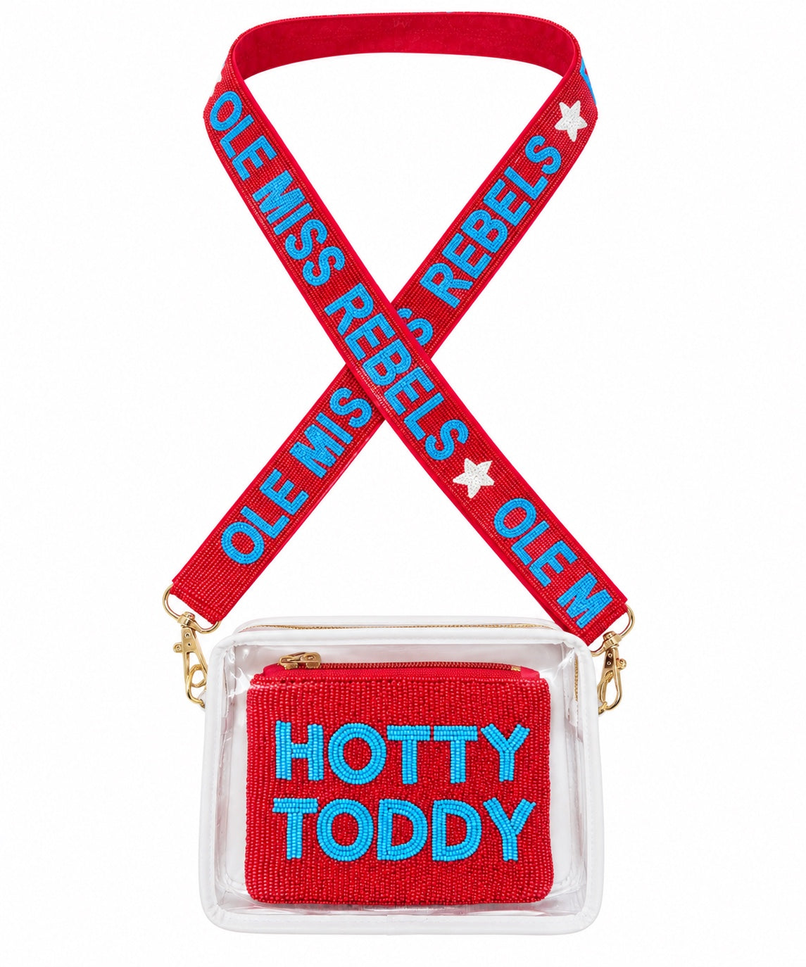Ole Miss Rebels beaded strap with Hotty Toddy coin purse in clear bag