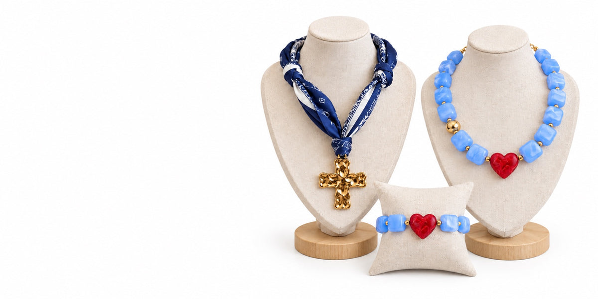 Ole Miss game day jewelry display with scarf necklace, beaded necklace and bracelet