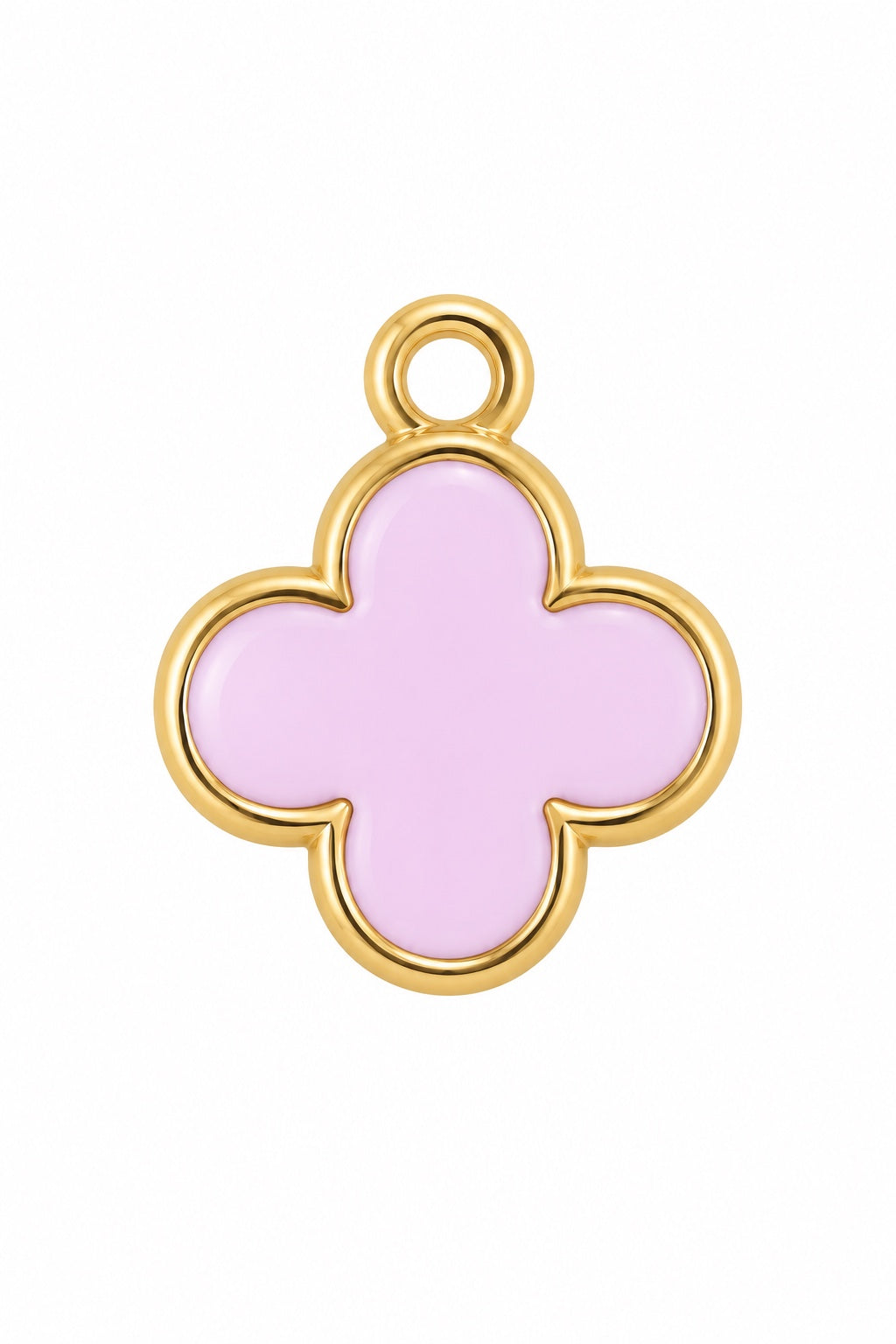 Pink enamel clover charm with gold-tone border
