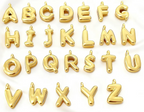 Gold puffy initial pendant charms, letters A through Z, on a white background
