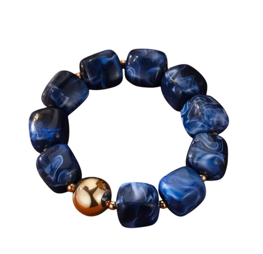 Rebel Blue navy marbled and gold beaded bracelet