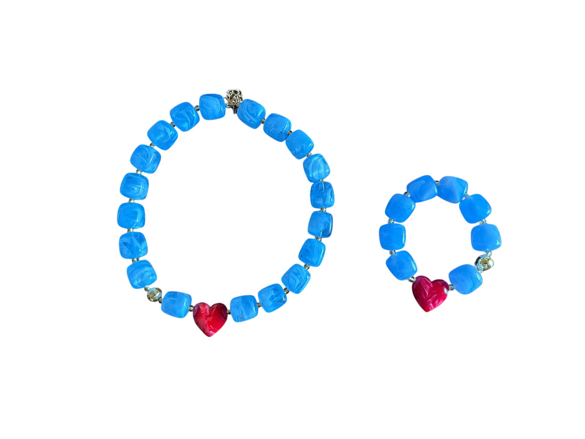 Rebel Hearts powder blue and red heart necklace and bracelet set