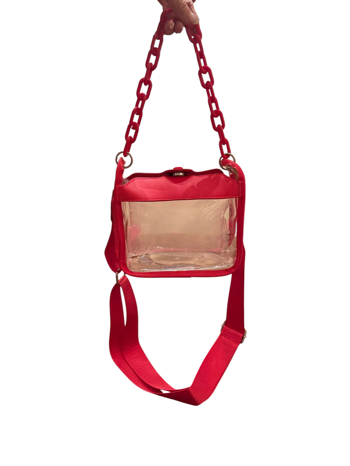 Red clear stadium bag shown with chain handle and included red crossbody strap