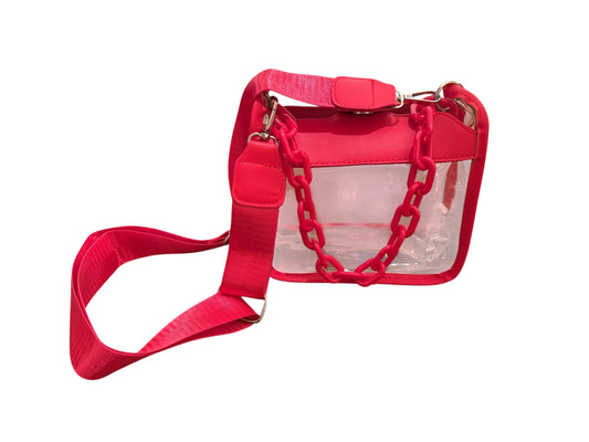 Red clear stadium bag with red chain and crossbody strap