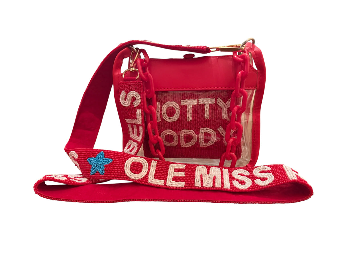 Red stadium bag styled with Ole Miss beaded game day strap and Hotty Toddy Queen purse