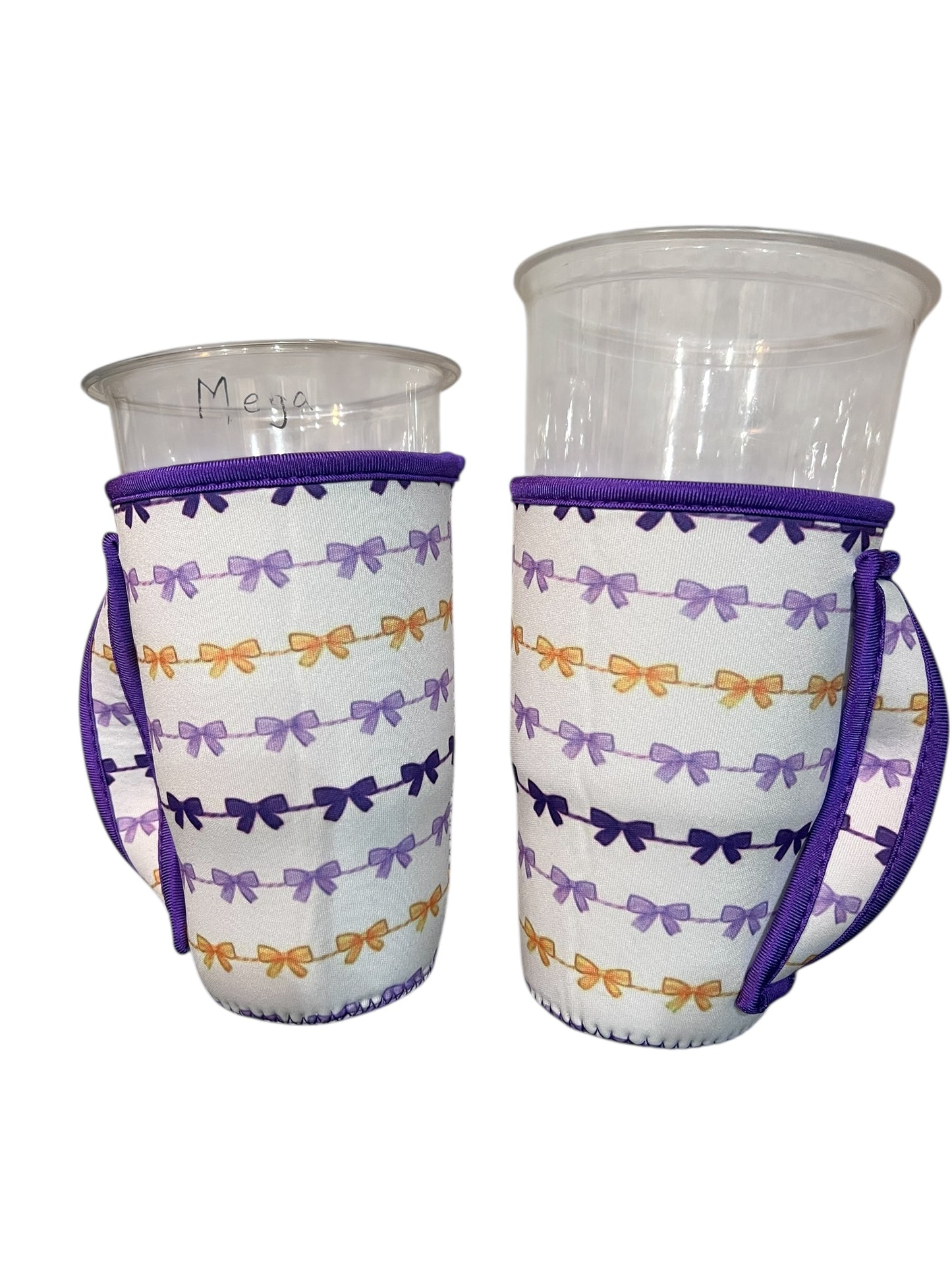 Tea sleeve with purple and gold bows