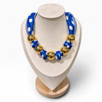 The Signature Scarf Necklace in Royal Blue with white polka dots
