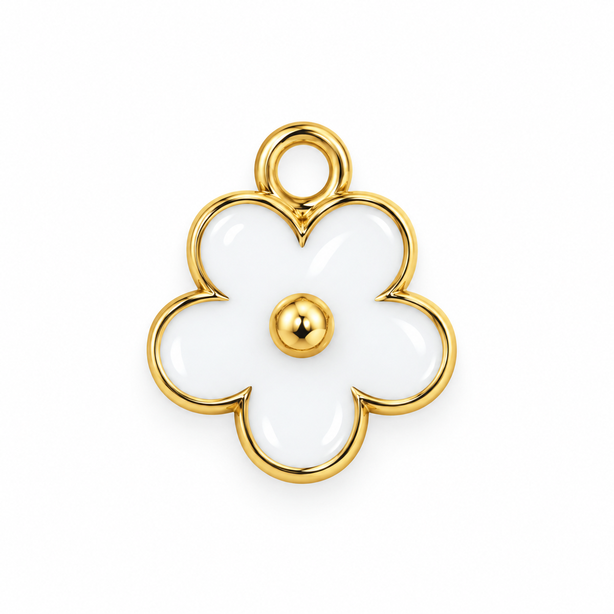 White enamel flower charm with polished gold-tone finish